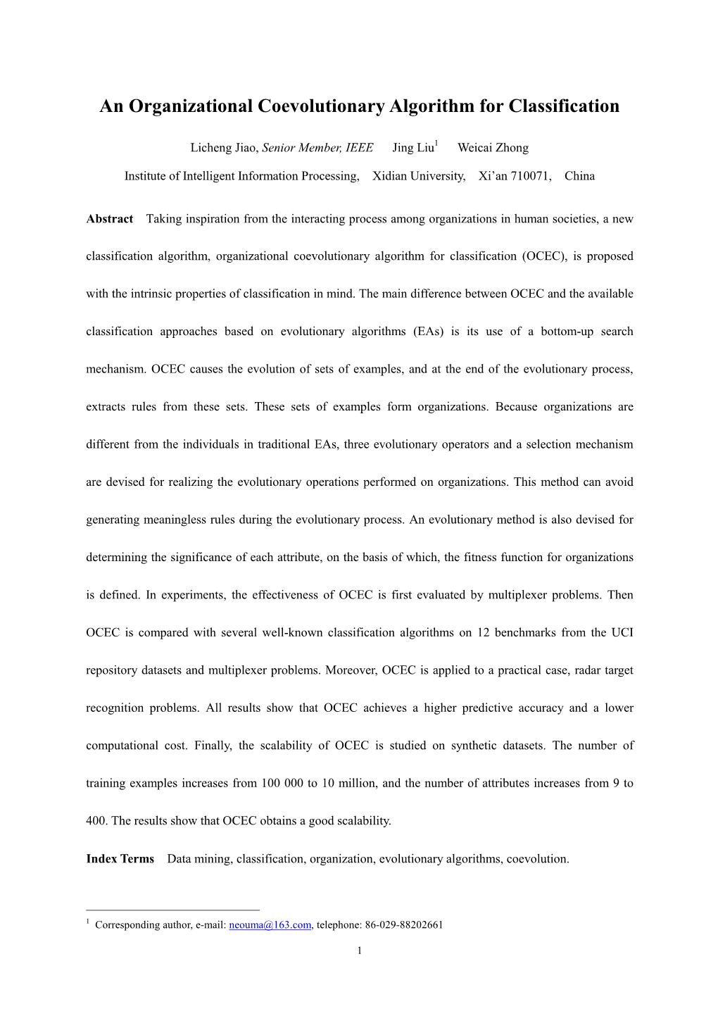 An Organizational Coevolutionary Algorithm for Classification