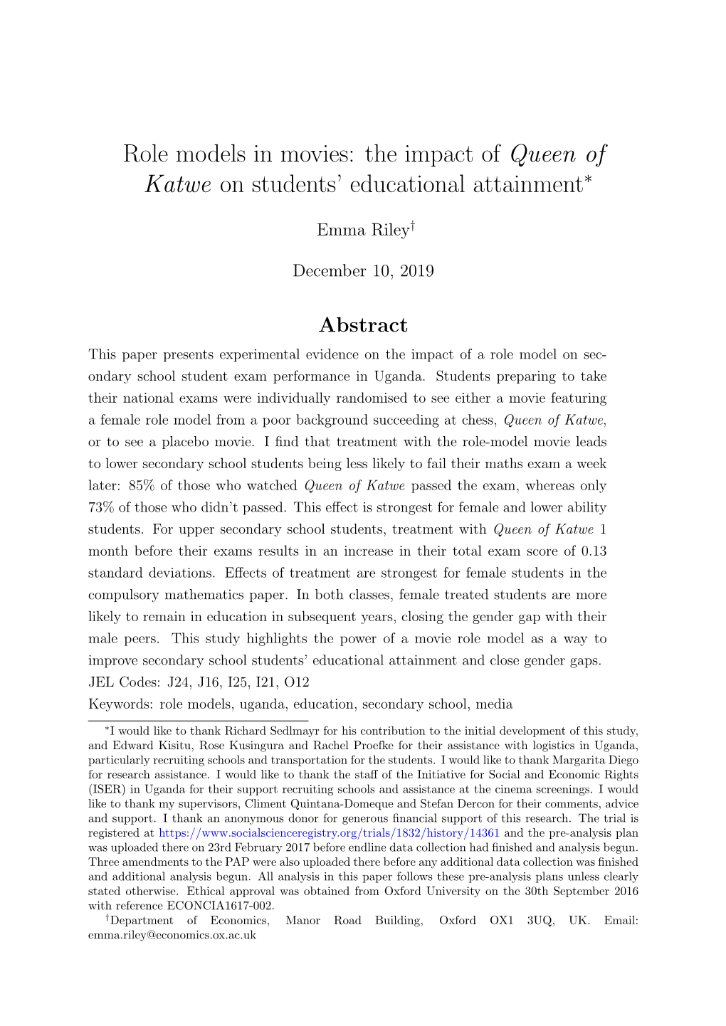 Role Models in Movies: the Impact of Queen of Katwe on Students’ Educational Attainment∗