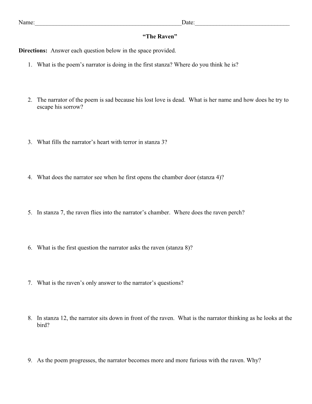 Comprehension Questions for the Raven