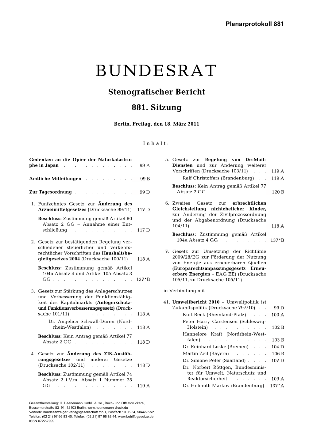 BUNDESRAT Stenografischer Bericht 881