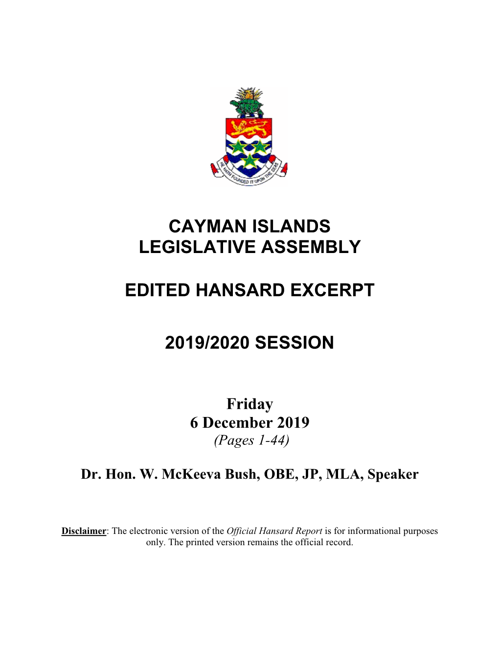 Cayman Islands Legislative Assembly Edited Hansard Excerpt 2019/2020 Session