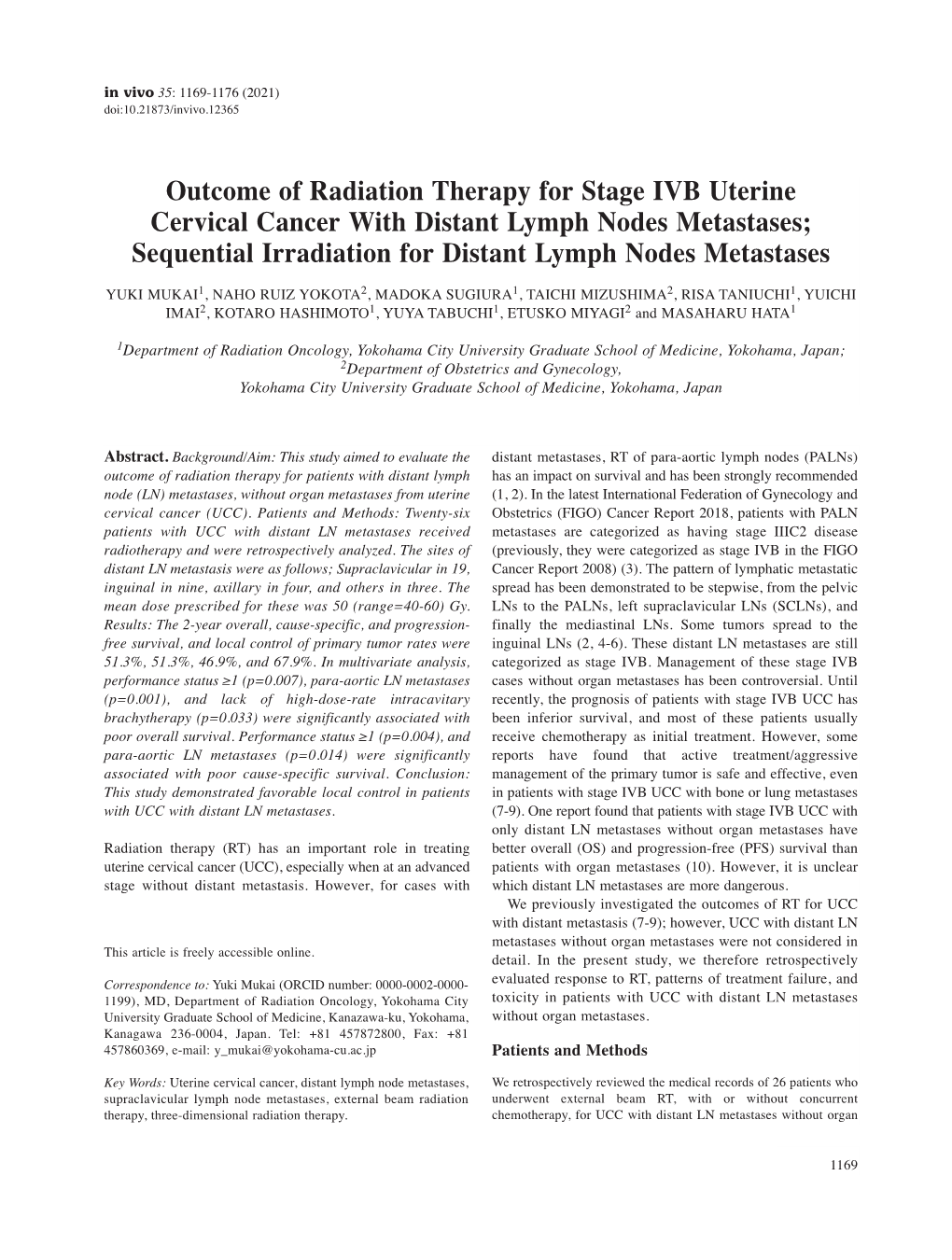 Outcome of Radiation Therapy for Stage IVB Uterine Cervical