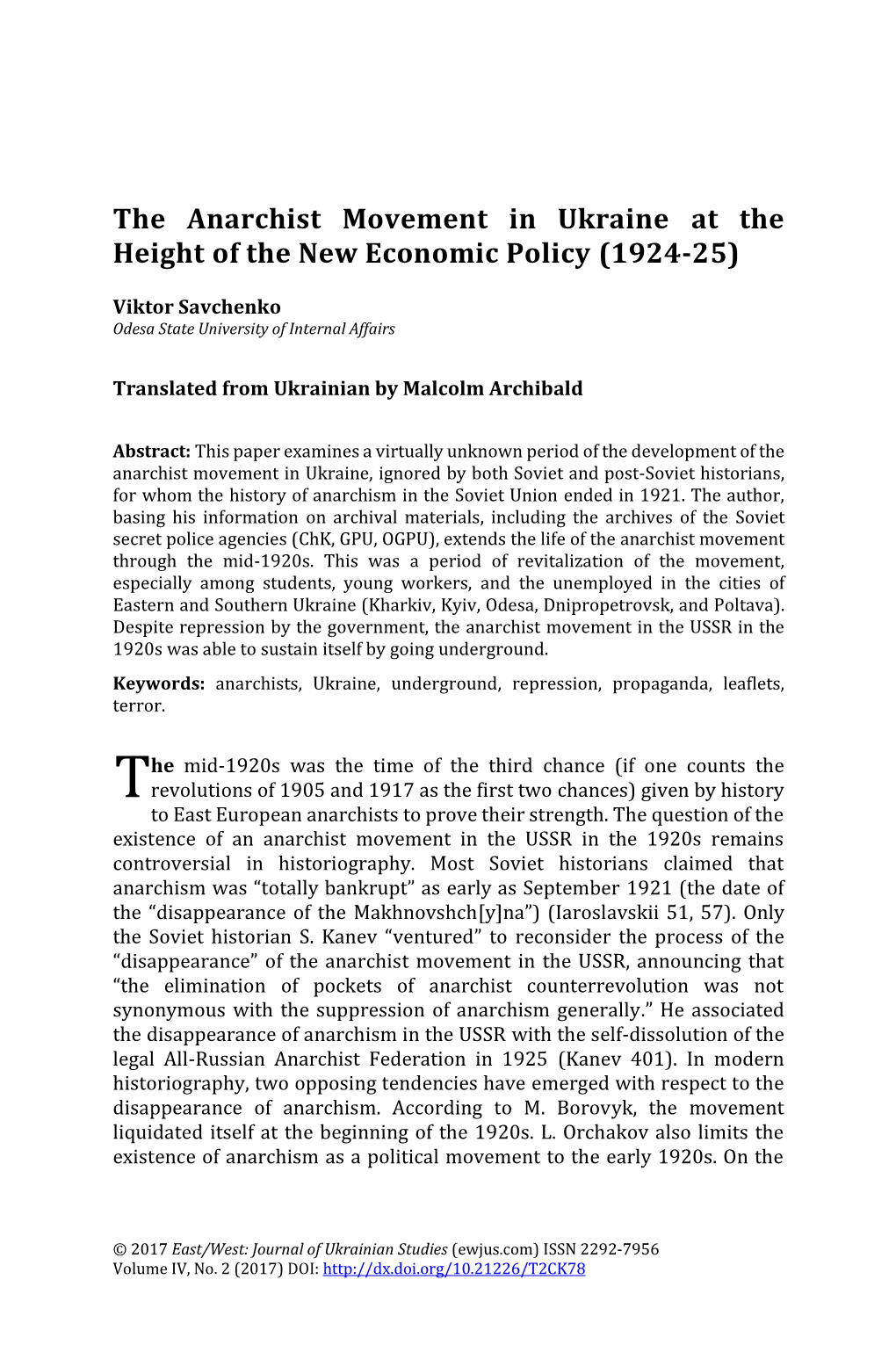 The Anarchist Movement in Ukraine at the Height of the New Economic Policy (1924-25)