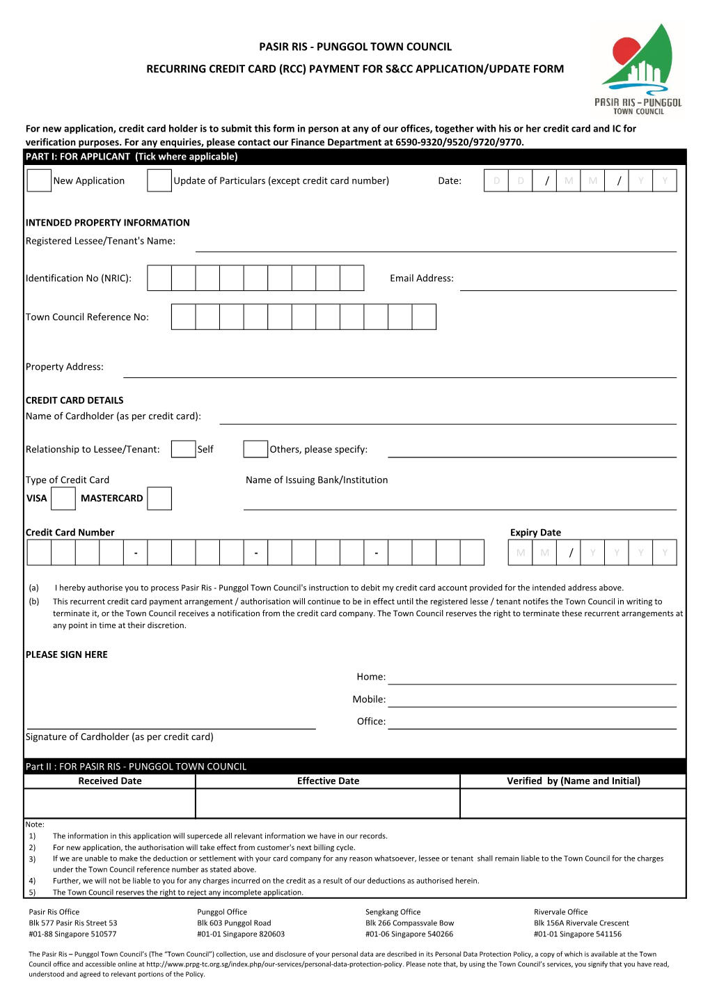 Pasir Ris - Punggol Town Council Recurring Credit Card (Rcc) Payment for S&Cc Application/Update Form