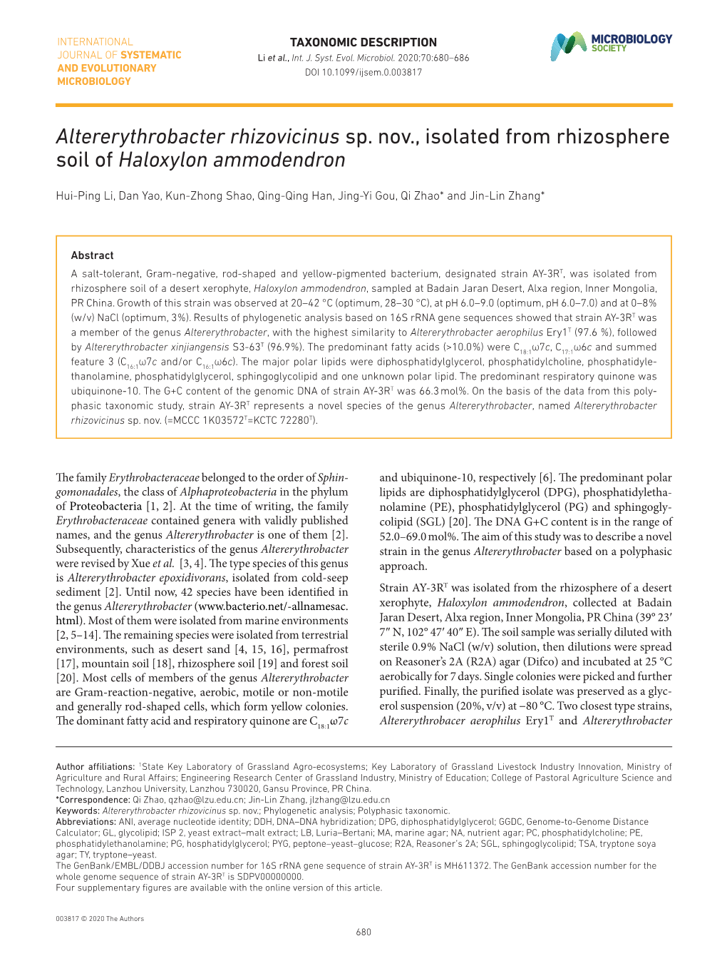 Altererythrobacter Rhizovicinus Sp. Nov., Isolated from Rhizosphere Soil of Haloxylon Ammodendron