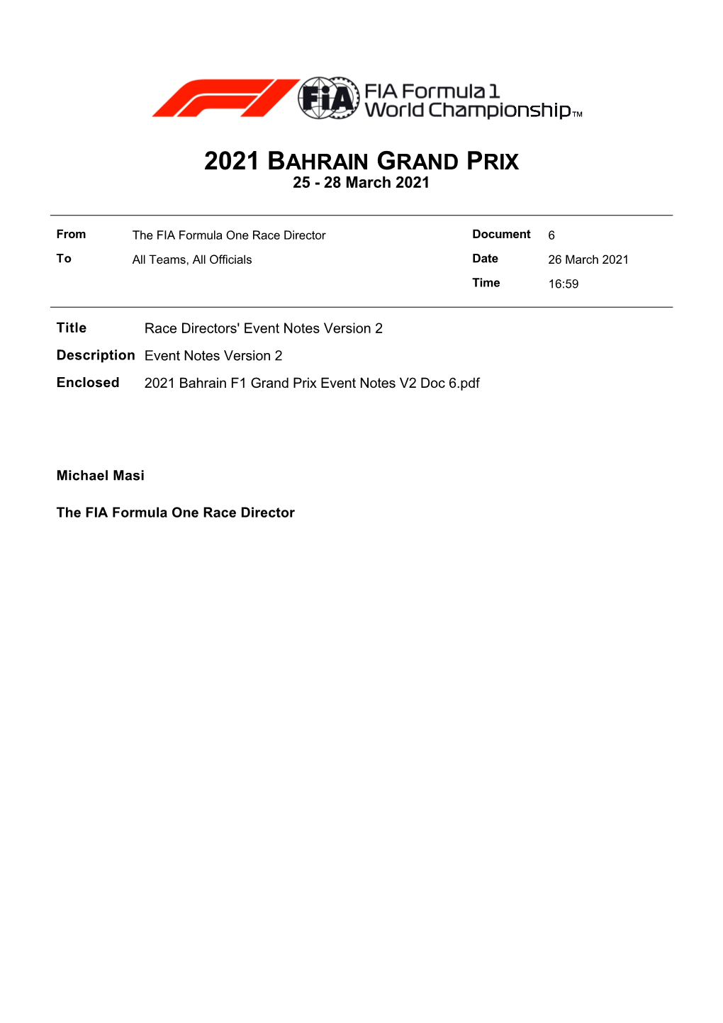 2021 BAHRAIN GRAND PRIX 25 - 28 March 2021