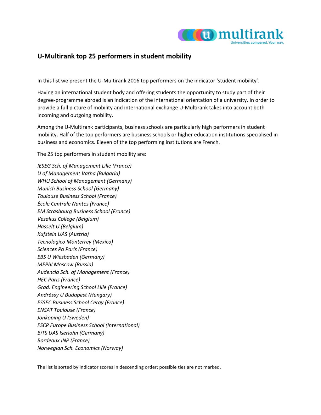 U-Multirank Top 25 Performers in Student Mobility