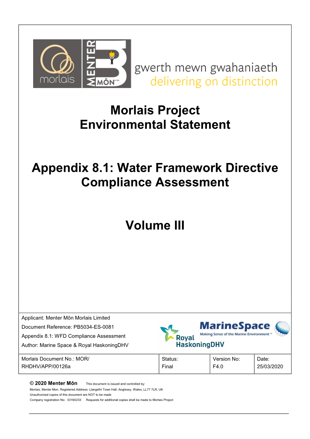 Morlais Project Environmental Statement Appendix 8.1: Water Framework Directive Compliance Assessment Volume