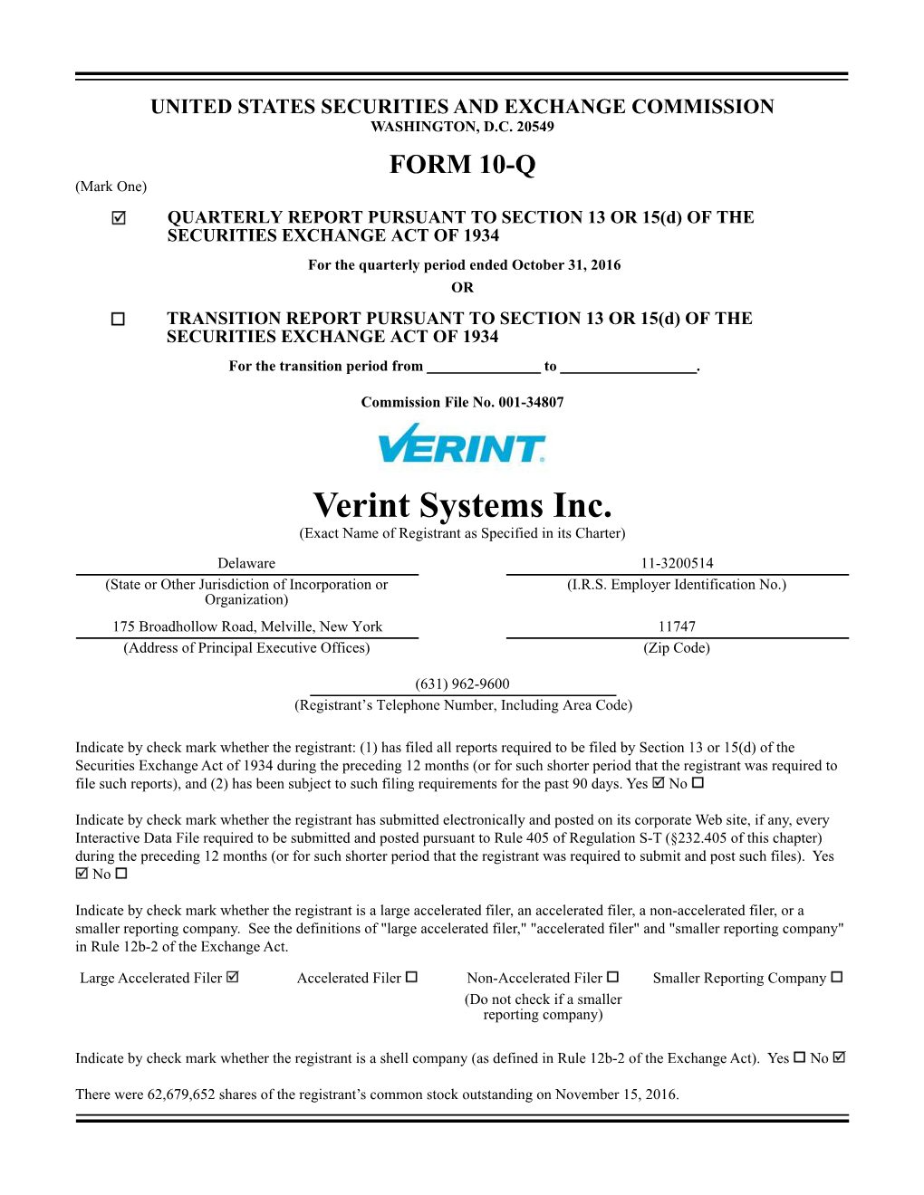 VRNT 2016-10-31 Form 10-Q FINAL