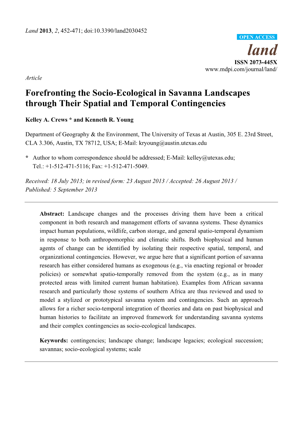 Forefronting the Socio-Ecological in Savanna Landscapes Through Their Spatial and Temporal Contingencies