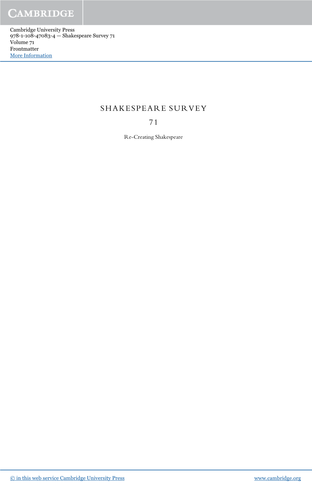 Shakespeare Survey 71 Volume 71 Frontmatter More Information