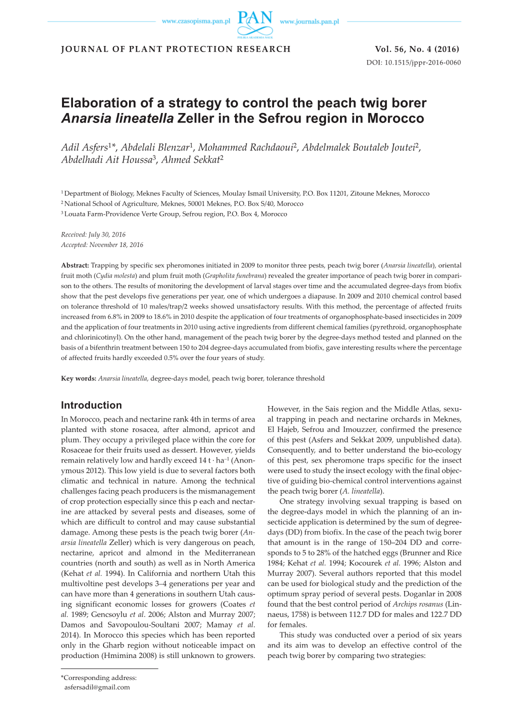 Elaboration of a Strategy to Control the Peach Twig Borer Anarsia Lineatella Zeller in the Sefrou Region in Morocco