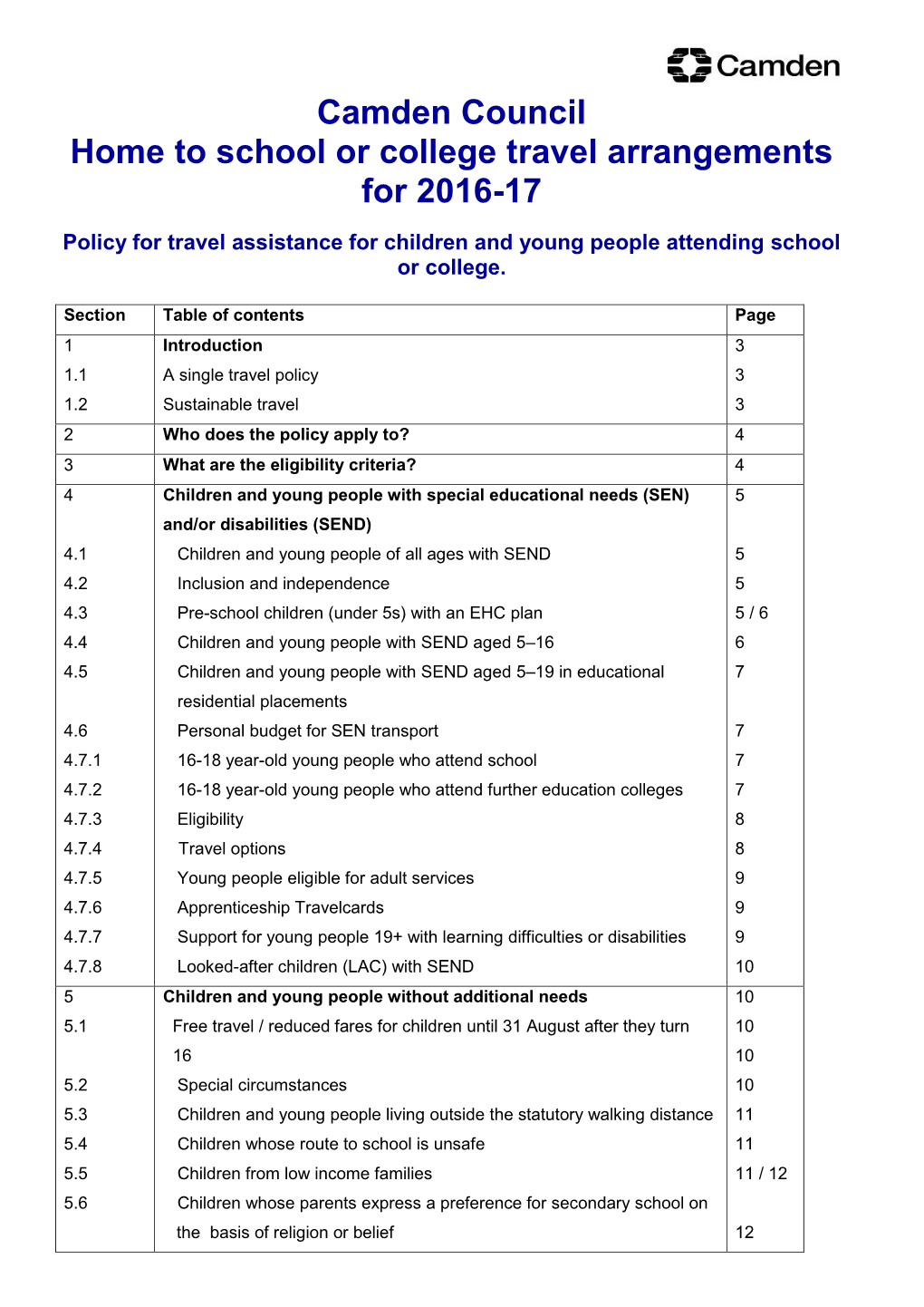 Camden Council Home to School Or College Travel Arrangements for 2016-17