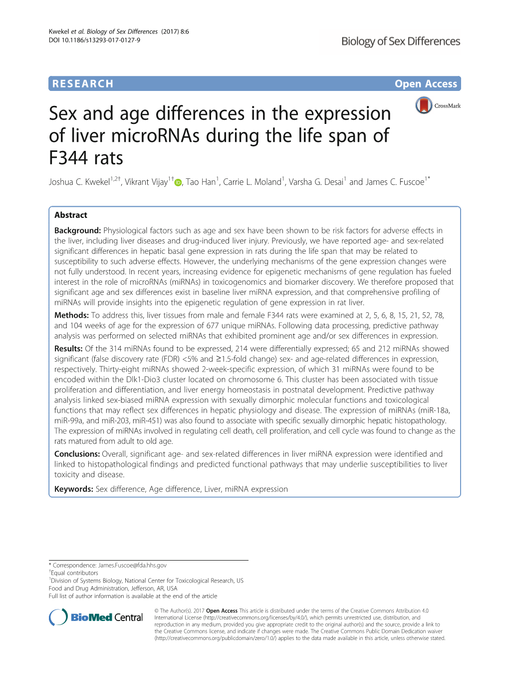 Sex and Age Differences in the Expression of Liver Micrornas During the Life Span of F344 Rats Joshua C