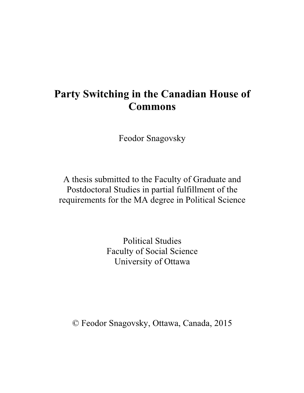 Party Switching in the Canadian House of Commons