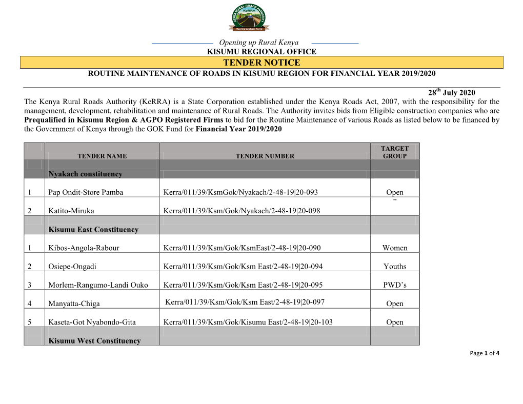 Tender Notice Routine Maintenance of Roads in Kisumu Region for Financial Year 2019/2020