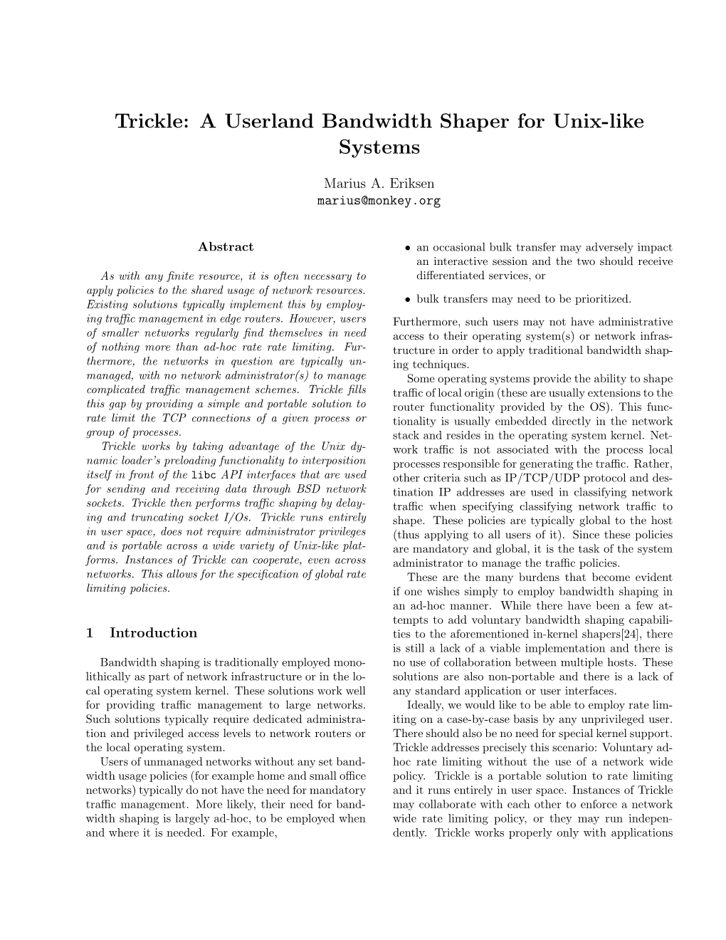 Trickle: a Userland Bandwidth Shaper for Unix-Like Systems