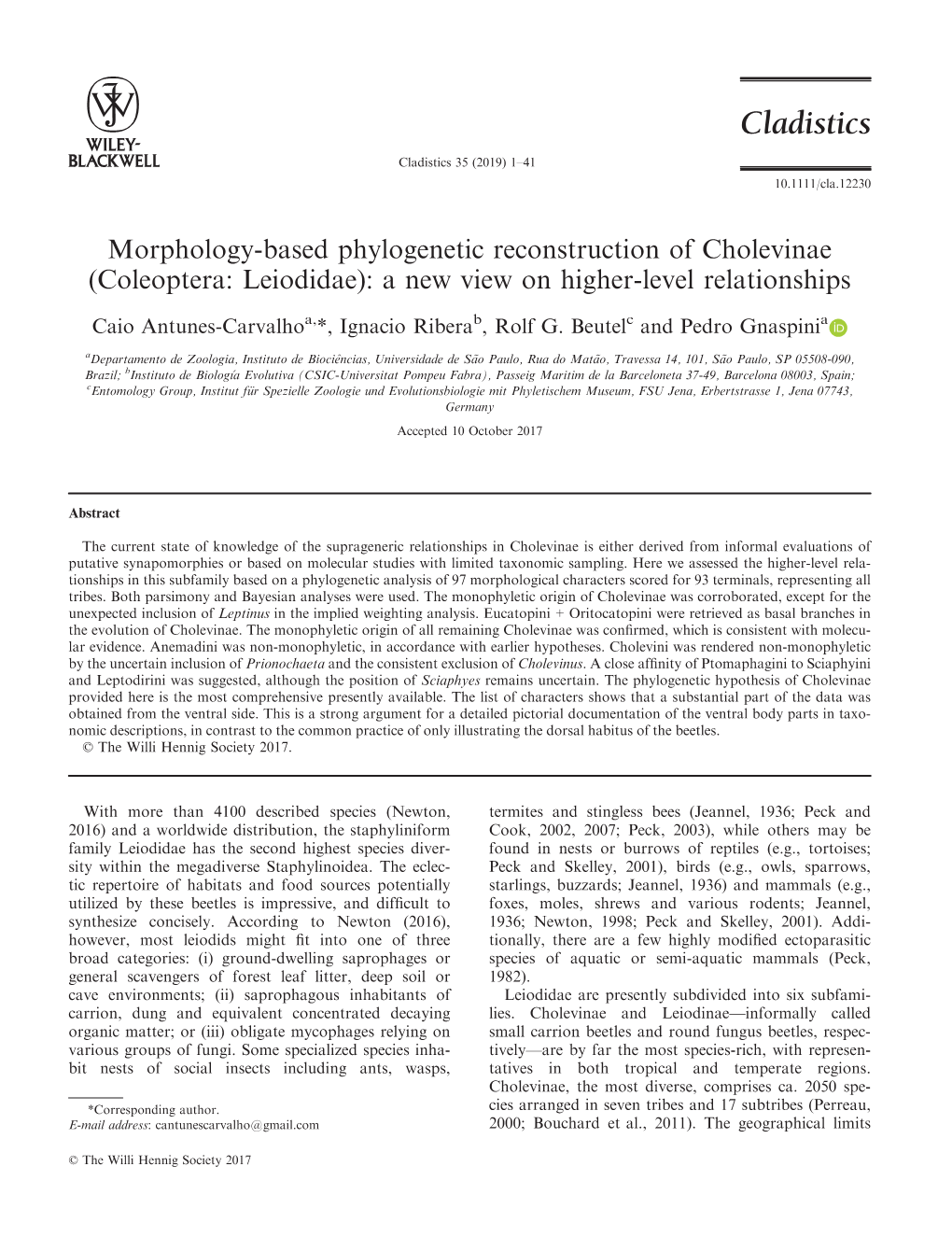 Based Phylogenetic Reconstruction of Cholevinae (Coleoptera: Leiodidae): a New View on Higher-Level Relationships