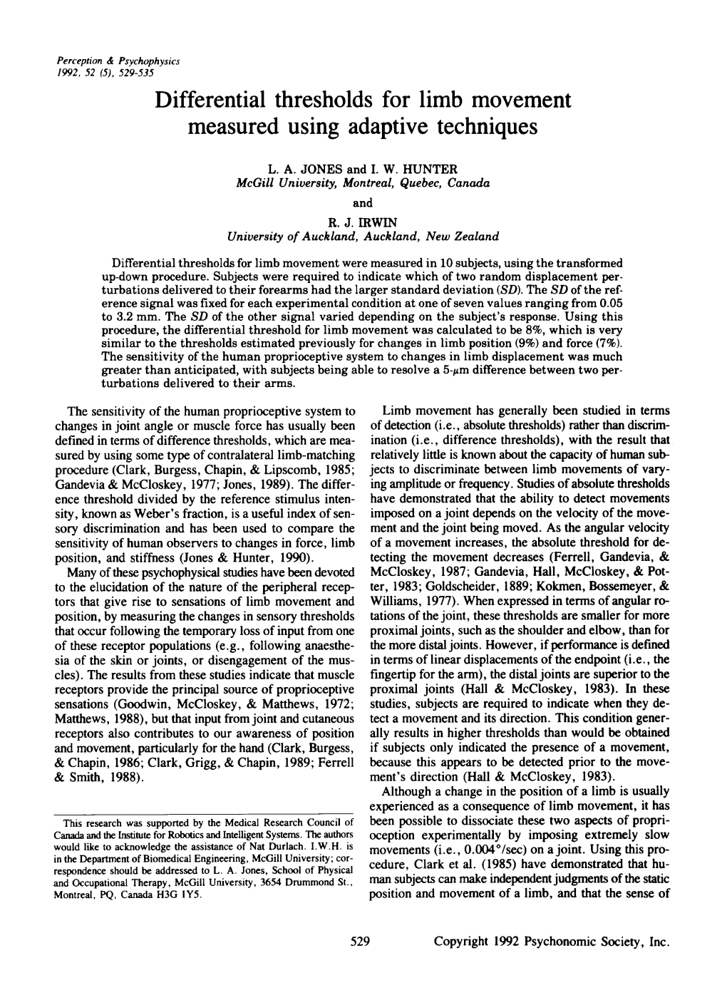 Differential Thresholds for Limb Movement Measured Using Adaptive Techniques