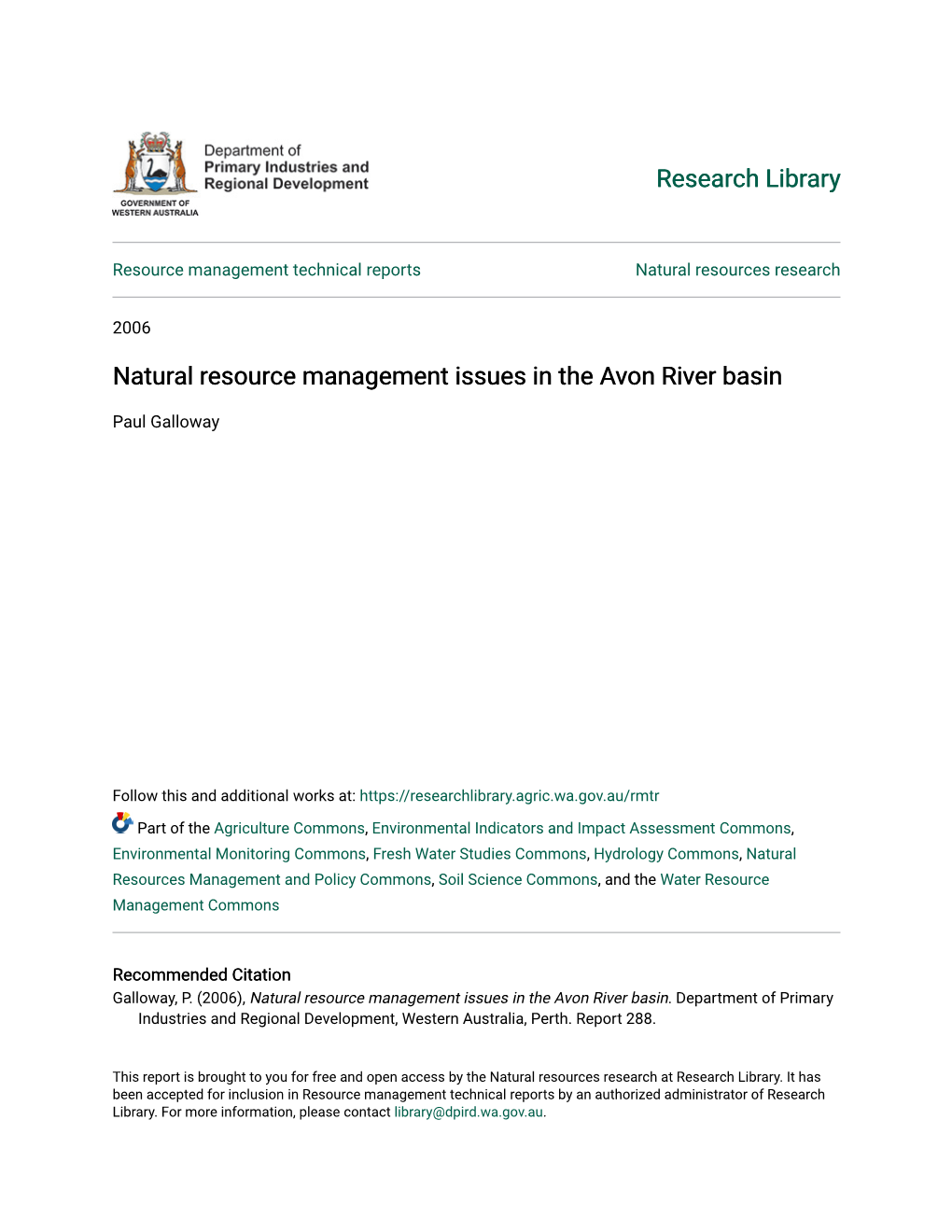 Natural Resource Management Issues in the Avon River Basin