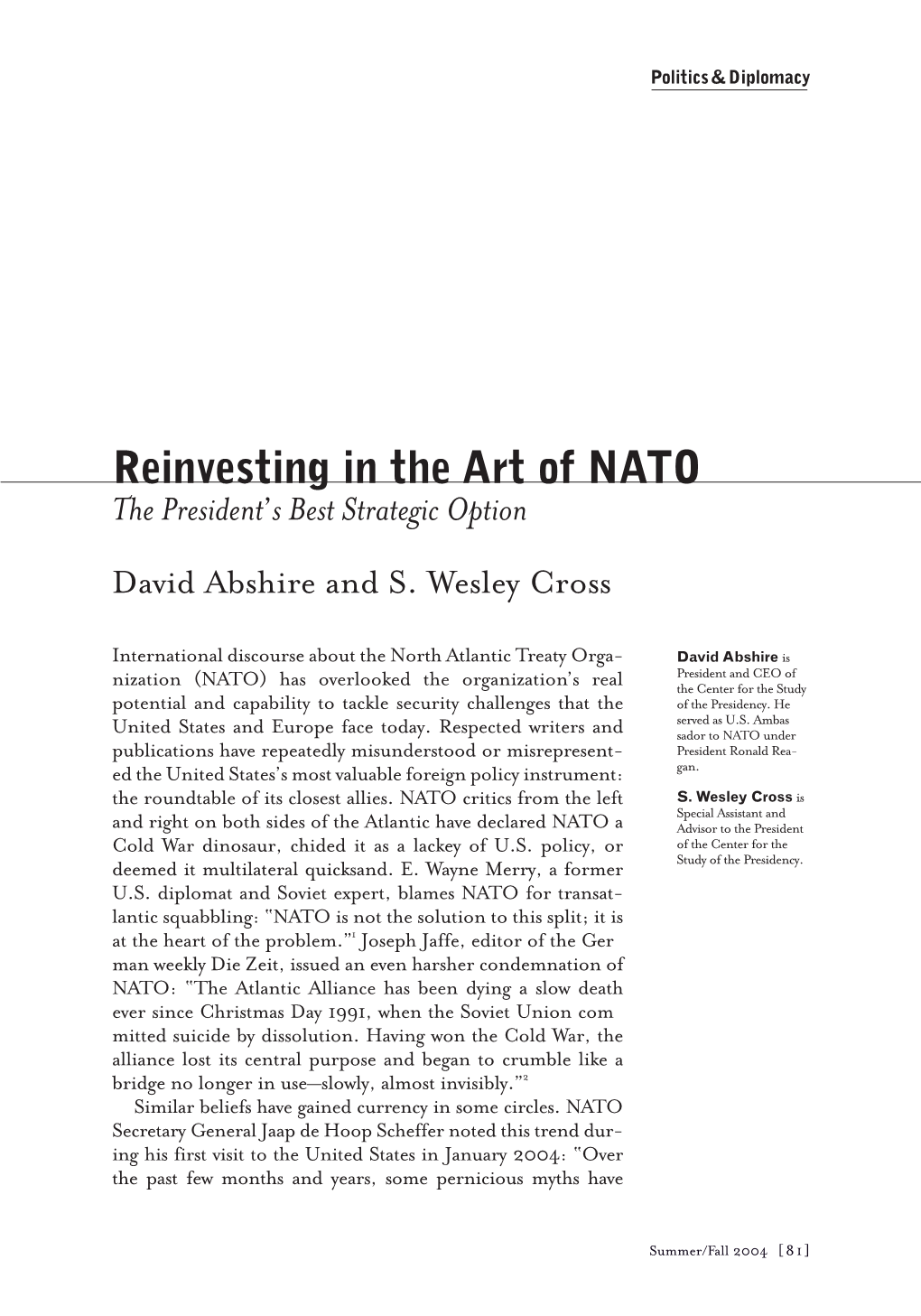 Reinvesting in the Art of NATO the President’S Best Strategic Option David Abshire and S
