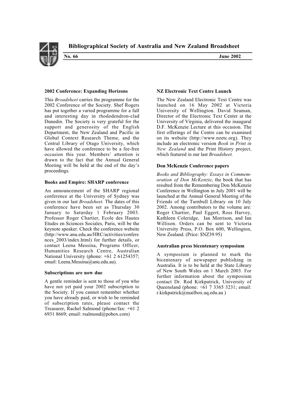 Bibliographical Society of Australia and New Zealand Broadsheet No