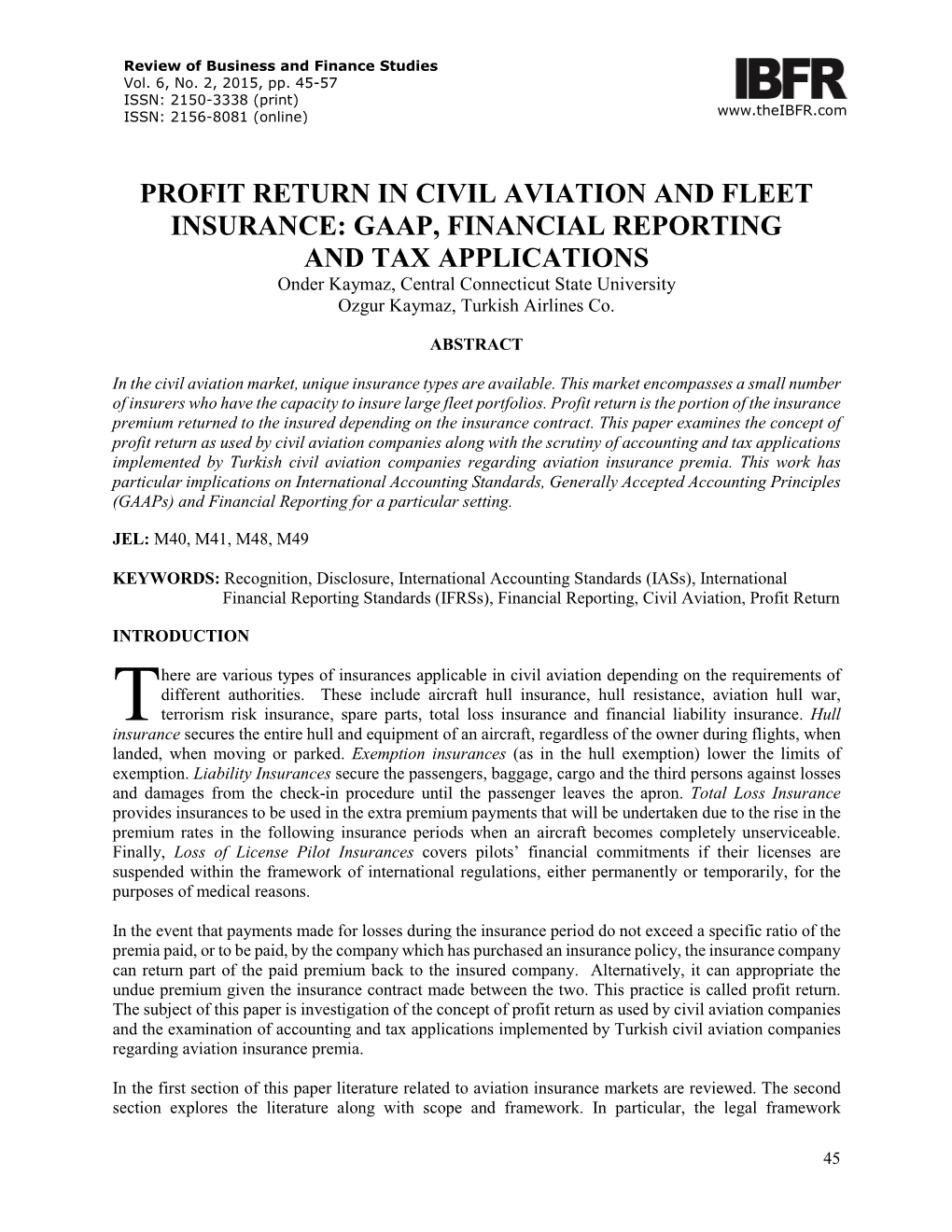 Profit Return in Civil Aviation and Fleet Insurance: Gaap