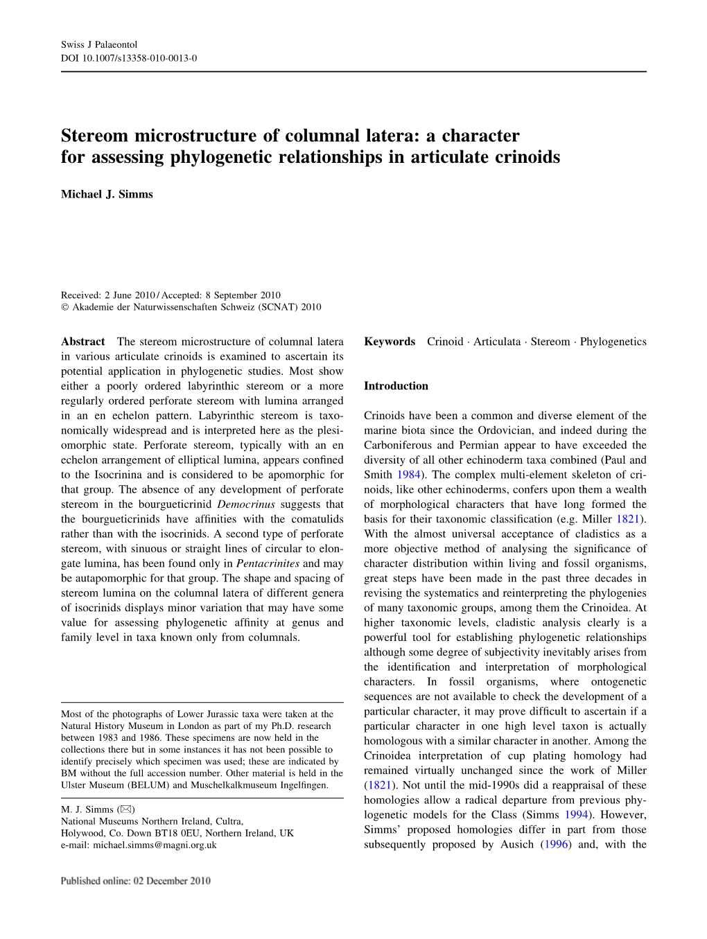 Stereom Microstructure of Columnal Latera: a Character for Assessing Phylogenetic Relationships in Articulate Crinoids