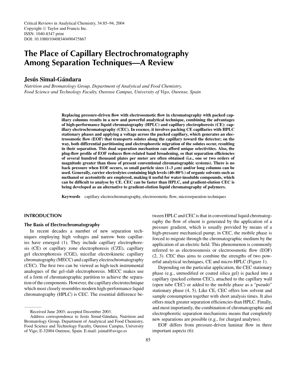 The Place of Capillary Electrochromatography Among Separation Techniques—A Review