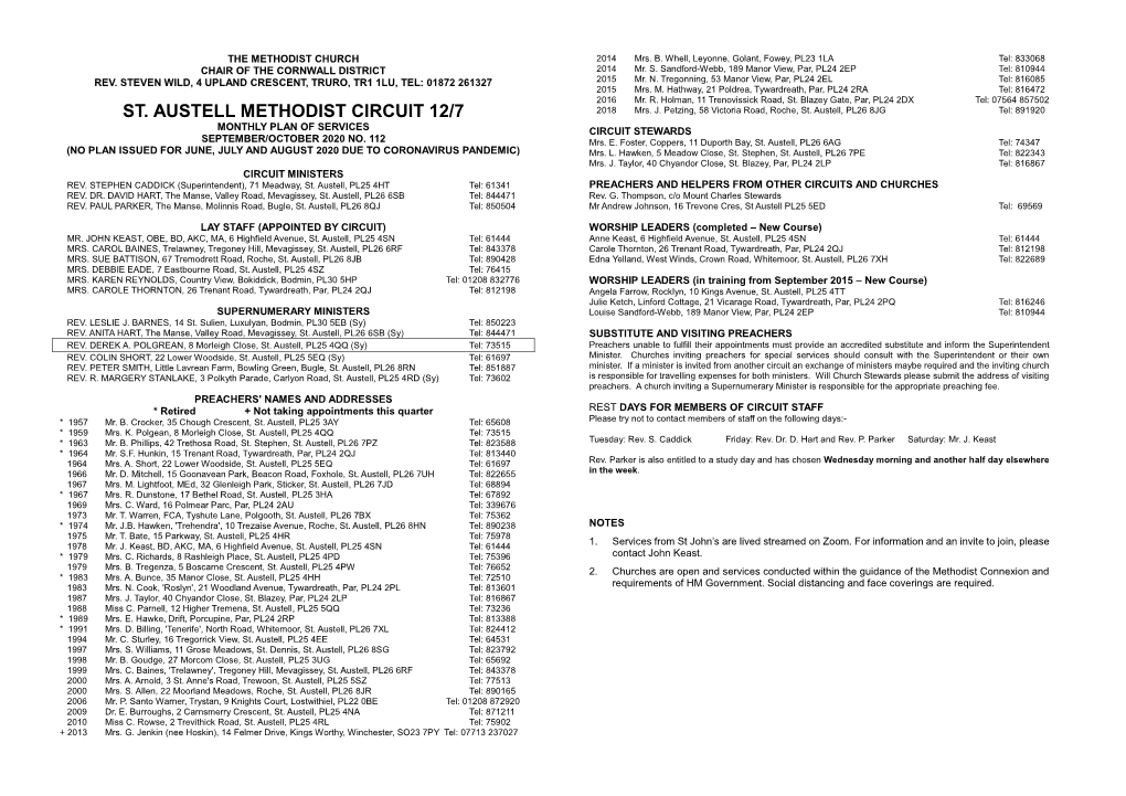 St. Austell Methodist Circuit 12/7 Monthly Plan of Services Circuit Stewards September/October 2020 No