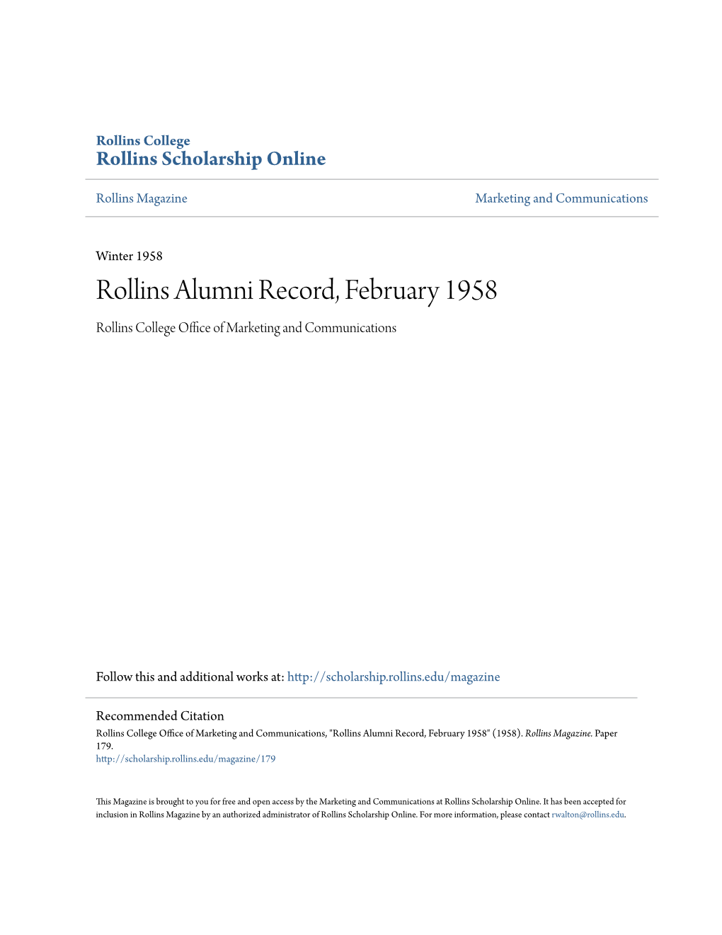 Rollins Alumni Record, February 1958 Rollins College Office Ofa M Rketing and Communications