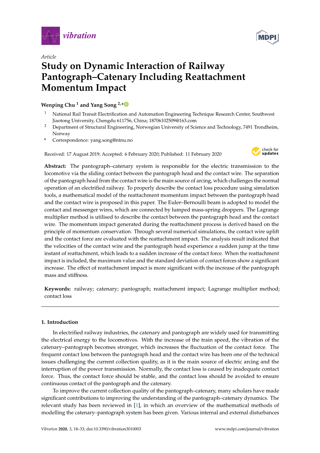 Study on Dynamic Interaction of Railway Pantograph–Catenary Including Reattachment Momentum Impact