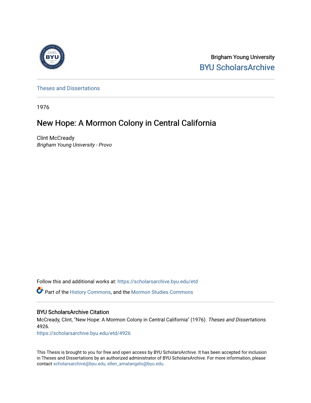 New Hope: a Mormon Colony in Central California