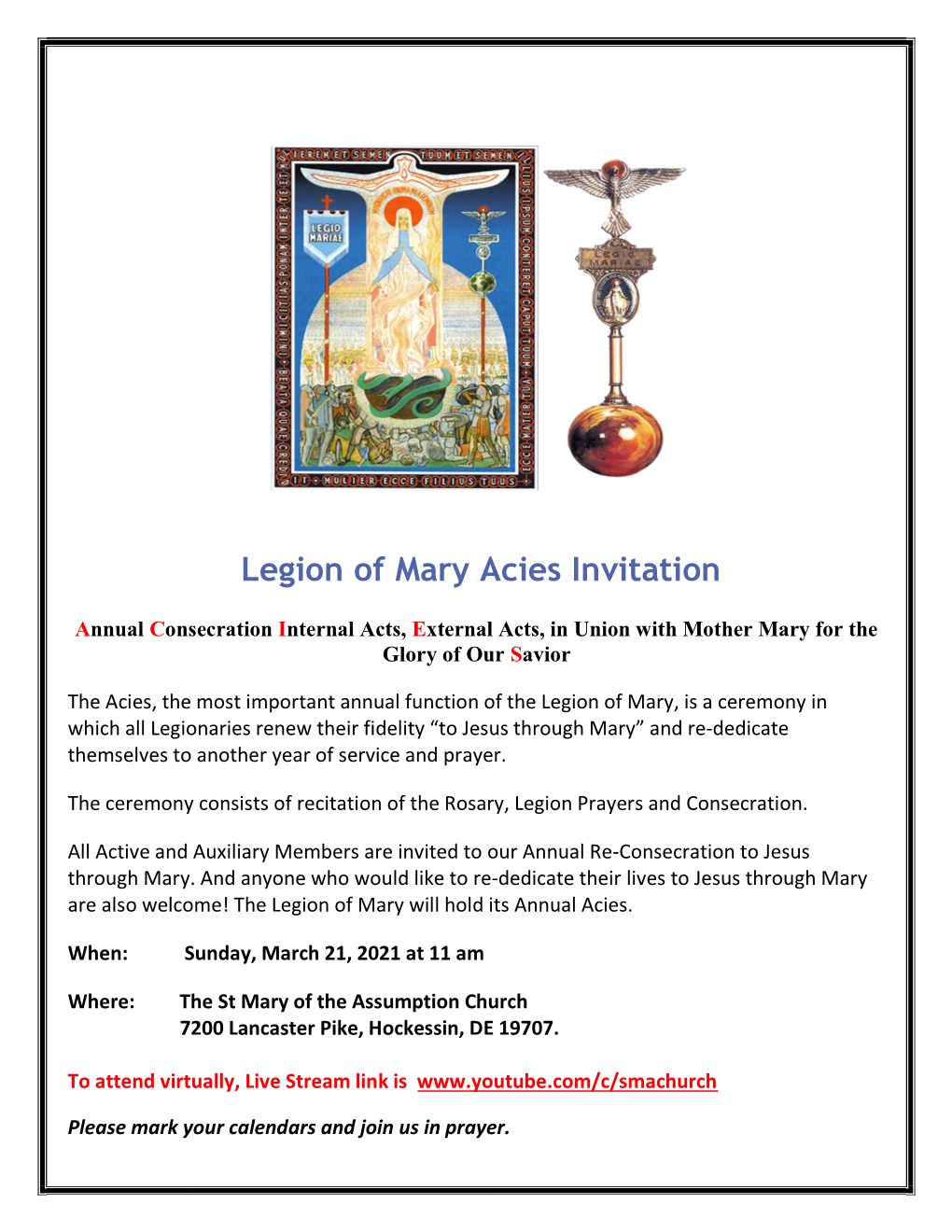 Legion of Mary Acies Invitation