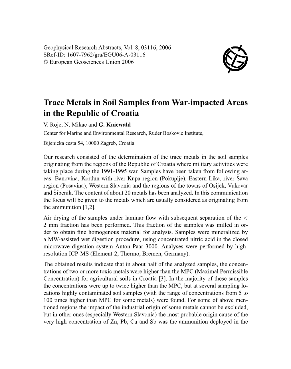 Trace Metals in Soil Samples from War-Impacted Areas in the Republic of Croatia V