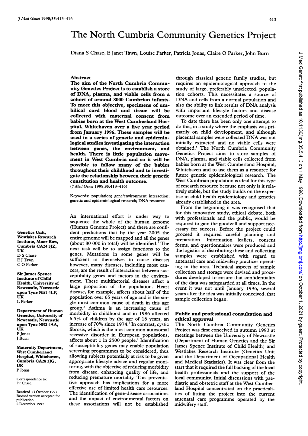 The North Cumbria Community Genetics Project J Med Genet: First Published As 10.1136/Jmg.35.5.413 on 1 May 1998