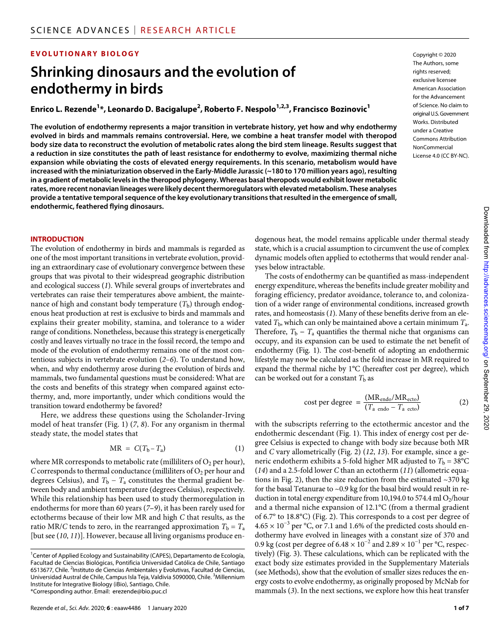 Shrinking Dinosaurs and the Evolution of Endothermy in Birds.Pdf