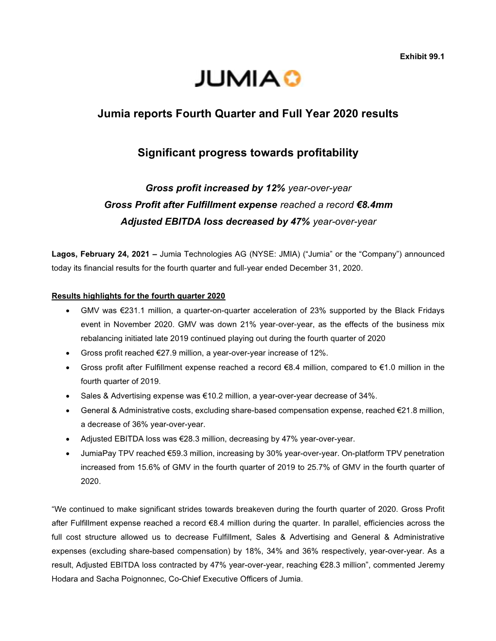 Jumia Reports Fourth Quarter and Full Year 2020 Results Significant