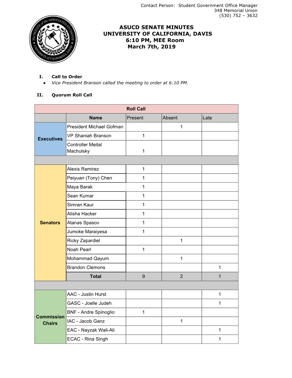 ASUCD SENATE MINUTES UNIVERSITY of CALIFORNIA, DAVIS 6:10 PM, MEE Room March 7Th, 2019