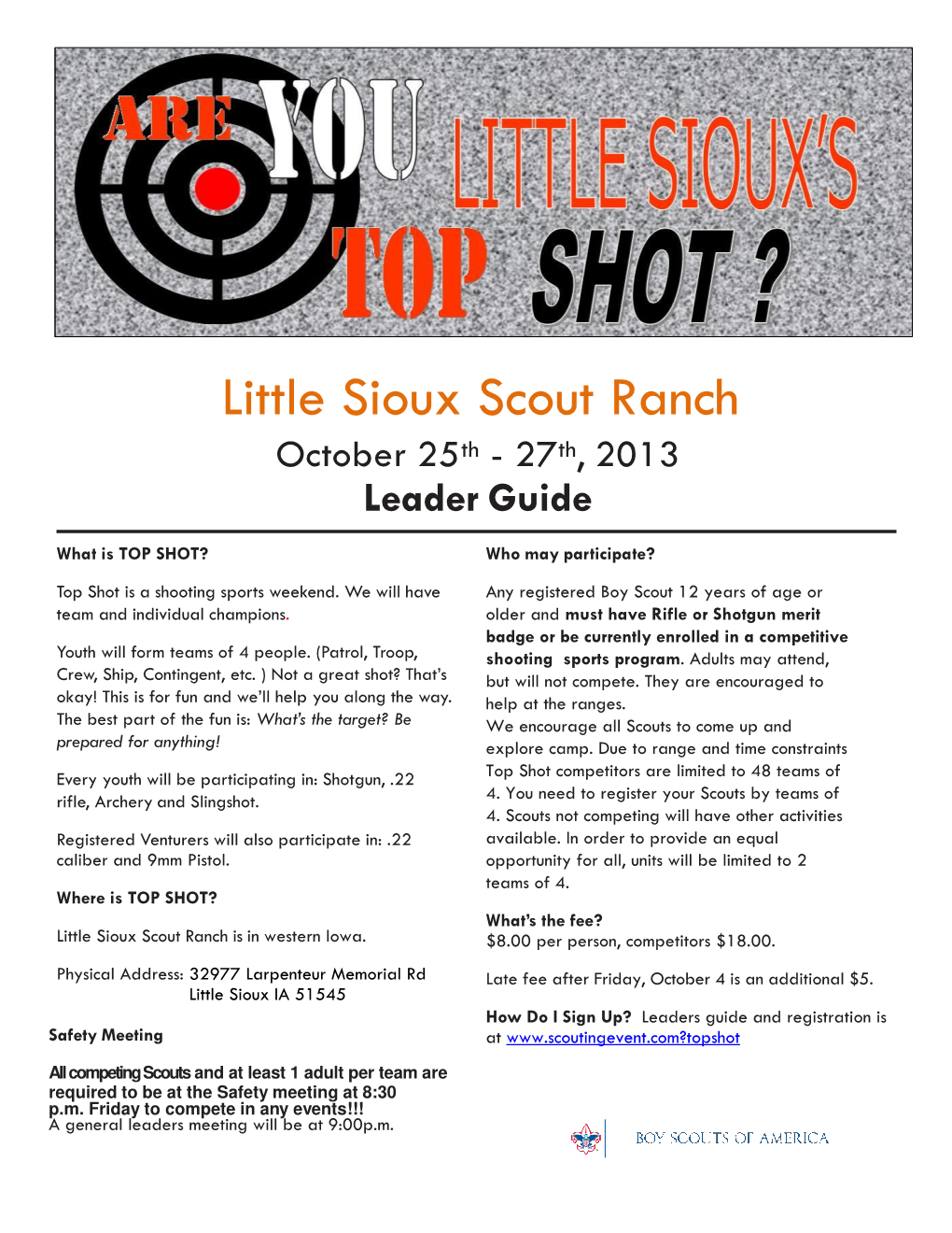 Little Sioux Scout Ranch October 25Th - 27Th, 2013 Leader Guide