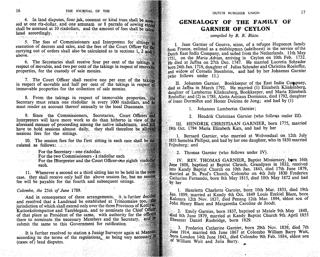 Genealogy of the Family of Garnier of Ceylon