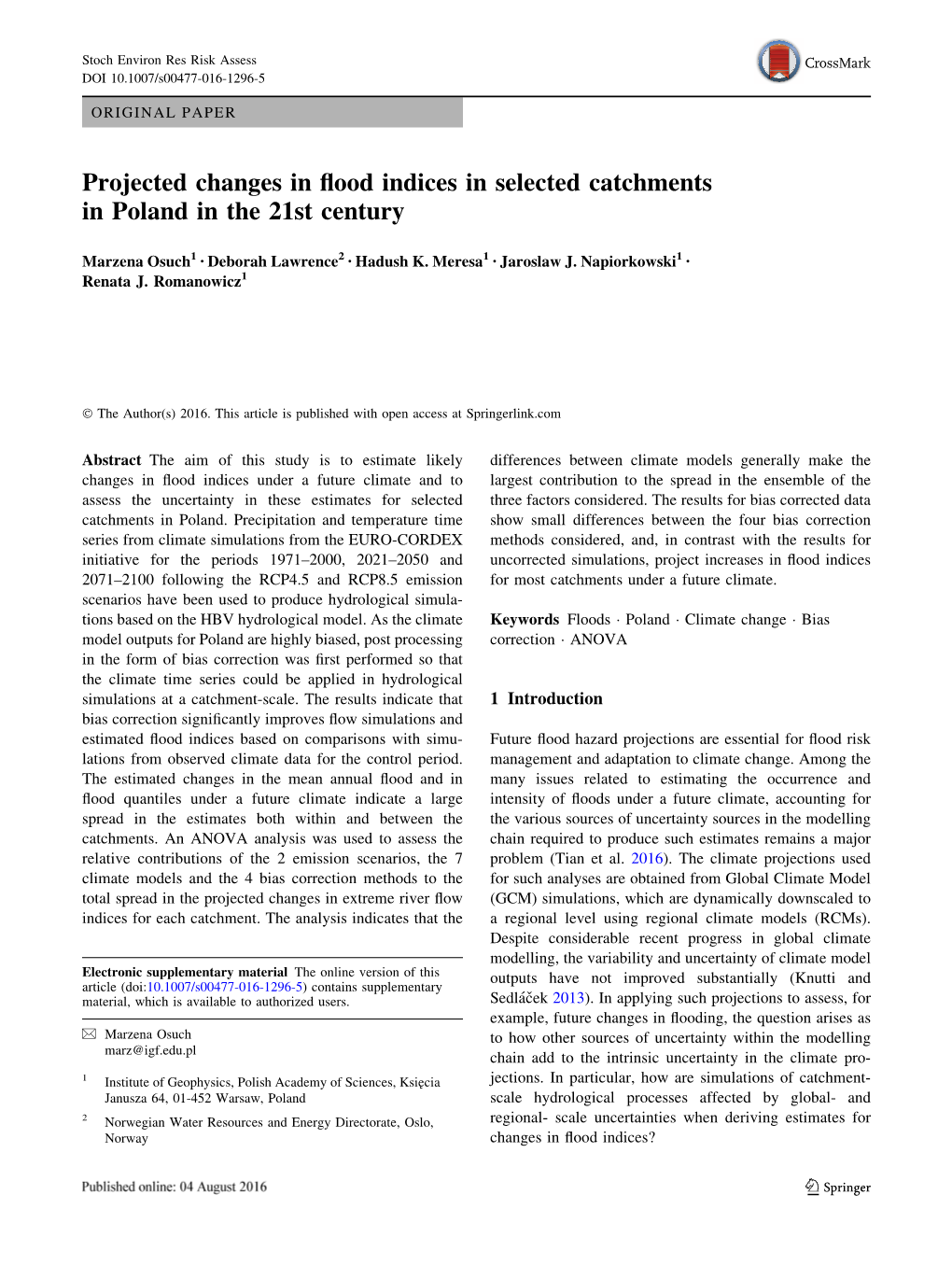 Projected Changes in Flood Indices in Selected Catchments in Poland In