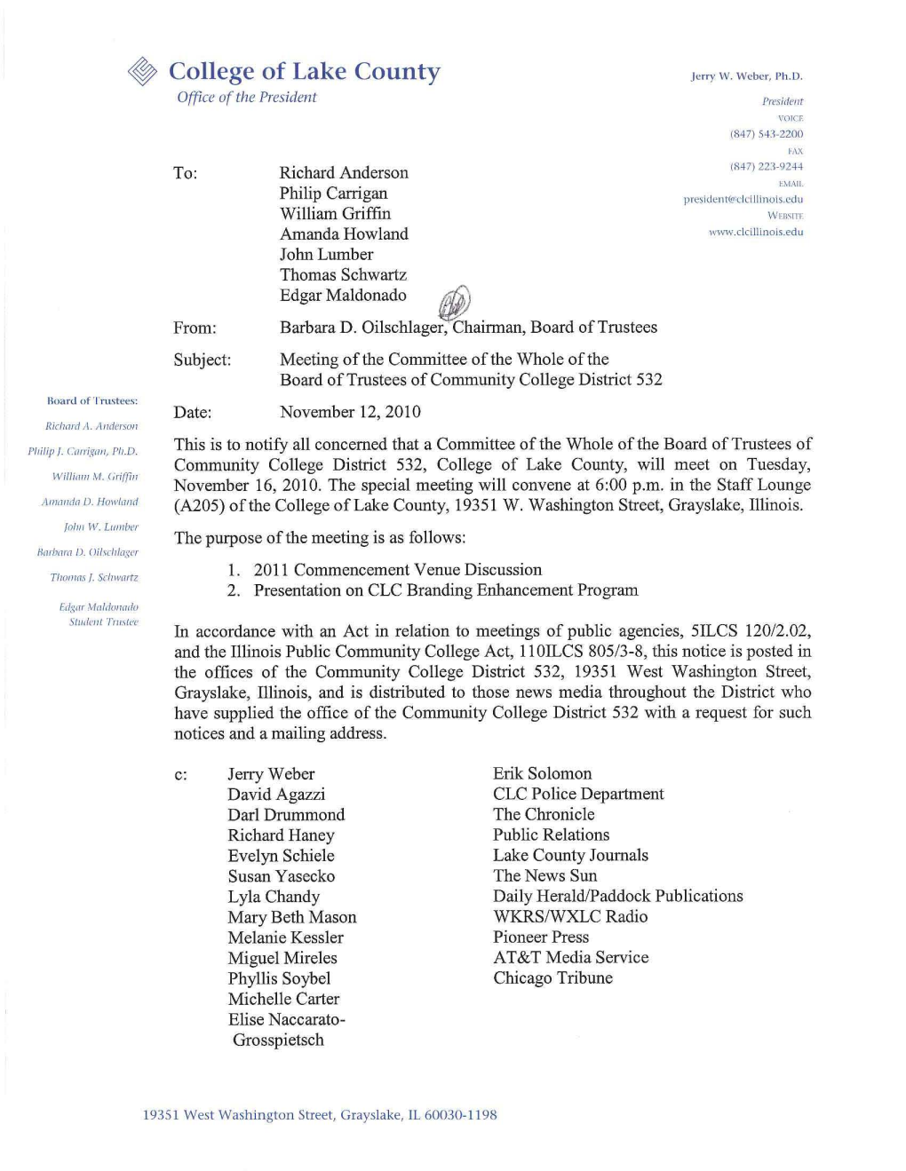 November 16, 2010 Committee of the Whole Meeting Notice