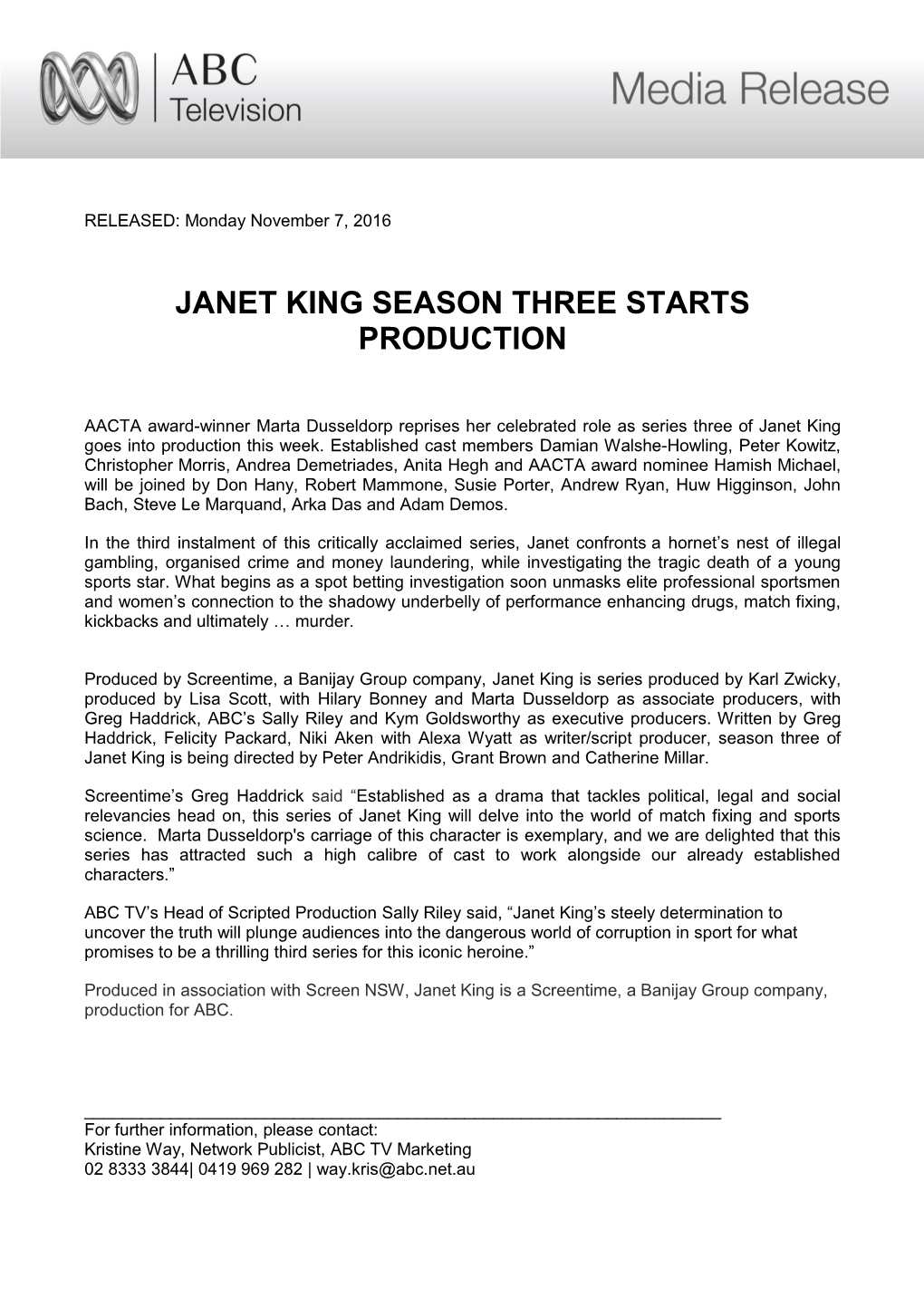 Janet King Season Three Starts Production