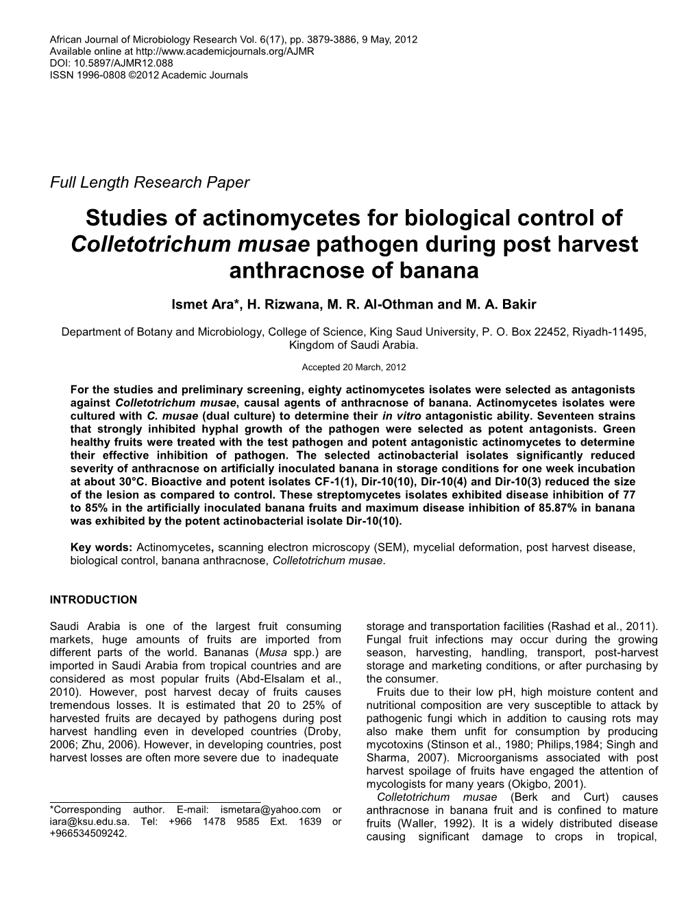 Studies of Actinomycetes for Biological Control of Colletotrichum Musae Pathogen During Post Harvest Anthracnose of Banana