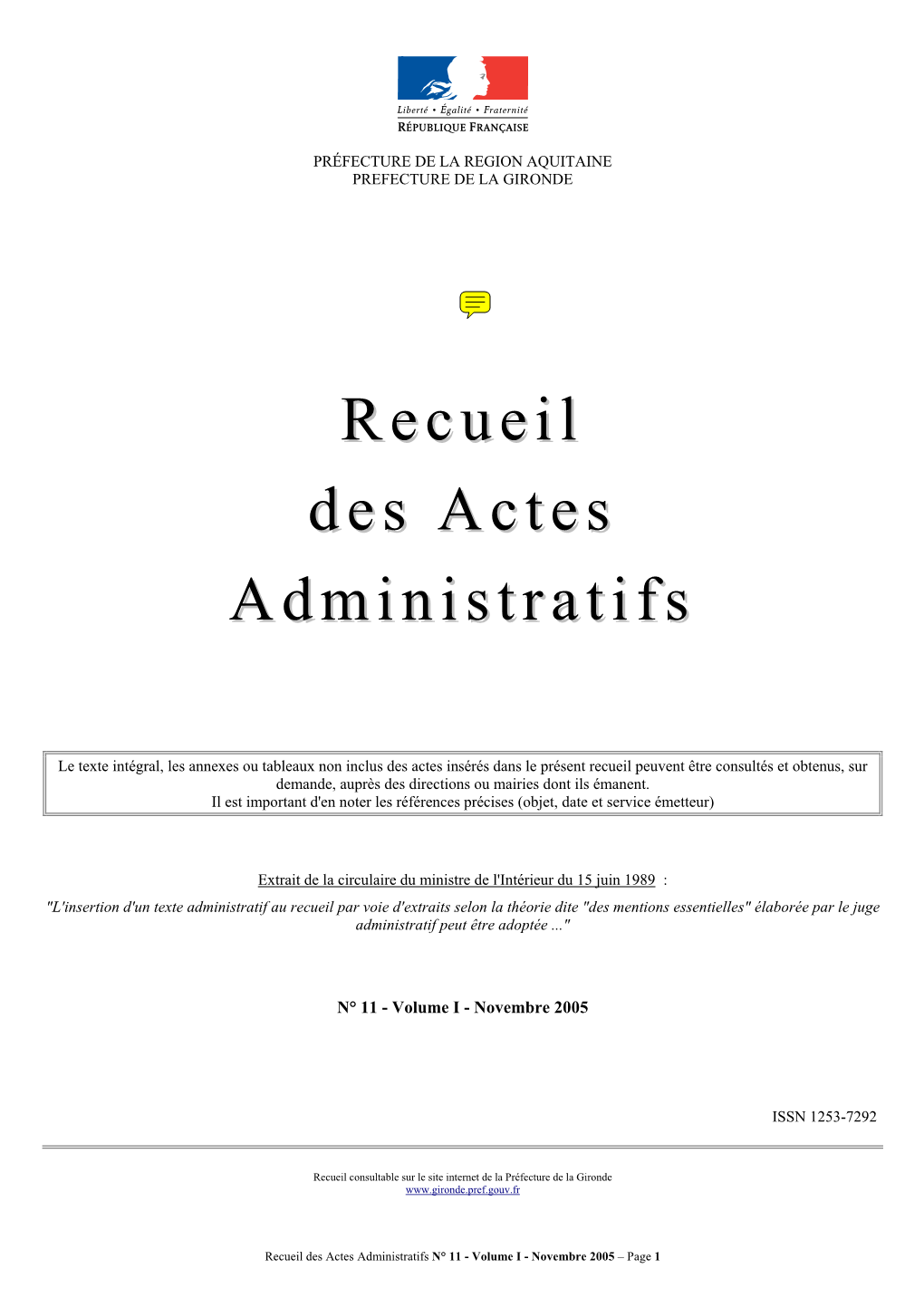 Recueil Des Actes Administratifs N° 11 - Volume I - Novembre 2005 – Page 1