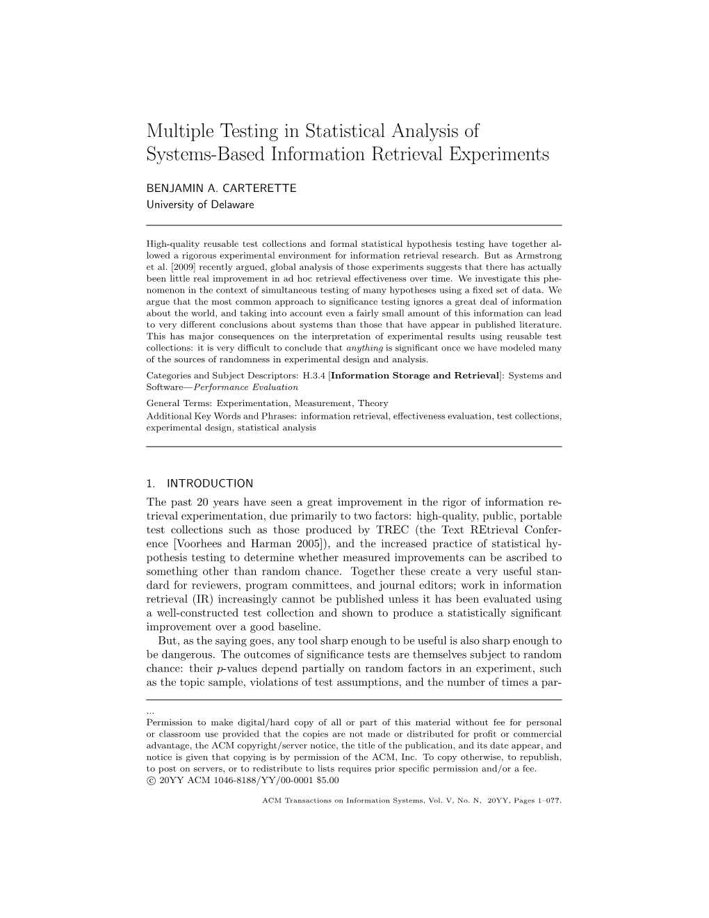 Multiple Testing in Statistical Analysis of Systems-Based Information Retrieval Experiments