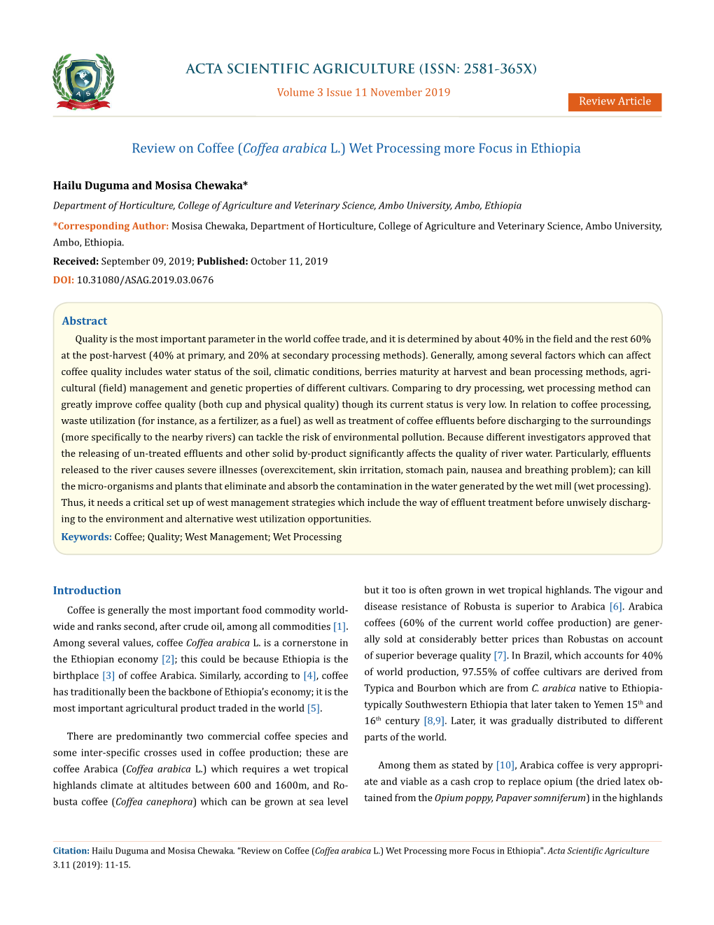 Review on Coffee (Coffea Arabica L.) Wet Processing More Focus in Ethiopia