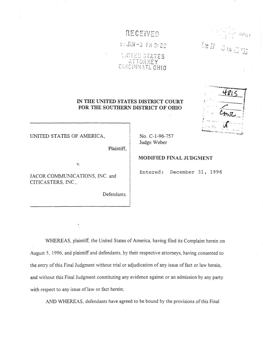 Modified Final Judgment: U.S. V. Jacor Communications, Inc. And