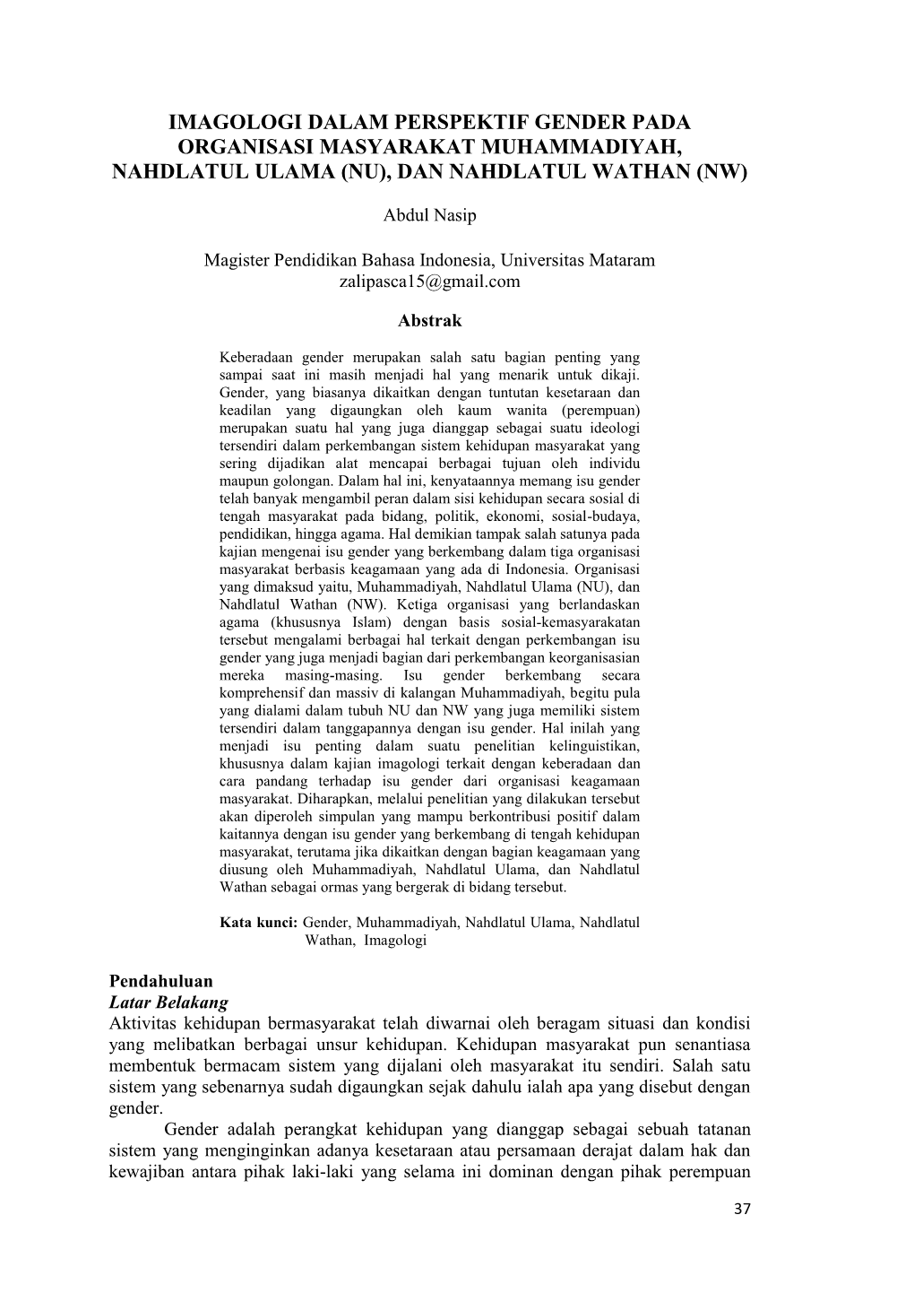 Imagologi Dalam Perspektif Gender Pada Organisasi Masyarakat Muhammadiyah, Nahdlatul Ulama (Nu), Dan Nahdlatul Wathan (Nw)